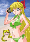 1girl 2_girls adult_swim alluring beach big_breasts bikini bishoujo_senshi_sailor_moon bishoujo_senshi_sailor_moon_r bishoujo_senshi_sailor_moon_r_the_movie bishoujo_senshi_sailor_moon_s bishoujo_senshi_sailor_moon_s_the_movie bishoujo_senshi_sailor_moon_supers bishoujo_senshi_sailor_moon_supers_the_movie blonde_hair blue_eyes camera cleavage closed_eyes holding_camera medium_breasts minako_aino pin_up ranpu toei_animation toonami usagi_tsukino viz_media wink