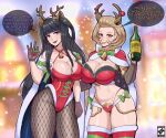 1girl 2_girls alluring antlers bell big_breasts black_eyeshadow black_hair black_lips black_lipstick bottle brown_eyes brown_hair cape christmas christmas_clothing christmas_headwear christmas_outfit cleavage costume_switch english english_text eyeshadow fake_animal_ears fake_antlers female_only fire_emblem fire_emblem:_three_houses fire_emblem_awakening fire_emblem_warriors fishnet fishnet_legwear fishnets gloves hair handwear hips holding_bottle holding_object holly_(plant) intelligent_systems legwear lips lipstick long_hair manuela_casagranda manuela_casagranda_(winter) mature mature_female mature_woman milf mole mole_on_breast nahusmash neckwear orange_eyeshadow orange_lips orange_lipstick purple_eyes short_hair speech_bubble text tharja tharja_(fire_emblem) tongue tongue_out