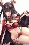 1girl 1girl 1girl :d absurd_res alluring alternate_costume animal_ears antlers bangs bare_thighs bell big_breasts bikini black_hair black_nails black_sleeves blunt_bangs blush bow bowtie bridal_gauntlets cape christmas christmas_ornaments cleavage deer_ears female_only fire_emblem fire_emblem_awakening fire_emblem_heroes fire_emblem_warriors fur-trimmed_cape fur_trim green_bow green_bowtie grey_eyes high_res intelligent_systems jingle_bell long_hair lying milf navel neck_bell nintendo official_alternate_costume on_side open_mouth red_bikini reia_hana reindeer_antlers santa_bikini signature smile stomach swimsuit tharja tharja_(fire_emblem) thick_thighs thighs wide_hips