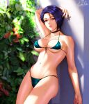1girl 1girl against_wall alluring alternate_costume arm_behind_head big_breasts bikini black_choker blue_hair blurry blurry_background choker commentary dappled_sunlight dark_blue_hair english_commentary esther_shen fingernails fire_emblem fire_emblem:_three_houses flower front-tie_bikini_top front-tie_top green_bikini intelligent_systems lips looking_at_viewer mole mole_under_mouth navel nintendo outside plant purple_eyes shamir_nevrand short_hair signature string_bikini sunlight swimsuit wet