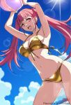 1girl 1girl :d alluring alternate_costume arms_up ball bare_shoulders beachball big_breasts bikini blue_sky cleavage collarbone fire_emblem fire_emblem:_three_houses from_below gluteal_fold gold_bikini hilda_valentine_goneril intelligent_systems long_hair looking_at_viewer navel nintendo open_mouth outside pink_eyes pink_hair sky smile stomach swimsuit teeth tes2w44zagroyj7 thighs twin_tails upper_teeth_only