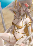1_horn 1girl 1girl 1girl adapted_costume alluring alternate_costume areola areola_slip arm_behind_head bare_arms bare_legs bare_midriff bare_thighs beach beach_chair big_breasts bikini black_bikini black_swimsuit blonde_hair chair cleavage colored_inner_hair female_only fire_emblem fire_emblem_heroes flower gold_bikini gold_swimsuit grey_hair gullveig_(fire_emblem) hair_flower intelligent_systems legs light-skinned_female light_skin long_hair looking_at_viewer mature mature_female midriff multicolored_hair nail_polish navel nintendo official_alternate_costume outside pale-skinned_female pale_skin parasol rinku_bny sitting swimsuit thick_thighs thighs umbrella very_long_hair white_bikini white_swimsuit yellow_eyes yellow_hair yellow_nails