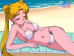 1girl accurate_art_style adult_swim alluring beach bikini bishoujo_senshi_sailor_moon bishoujo_senshi_sailor_moon_r bishoujo_senshi_sailor_moon_r_the_movie bishoujo_senshi_sailor_moon_s bishoujo_senshi_sailor_moon_s_the_movie bishoujo_senshi_sailor_moon_supers bishoujo_senshi_sailor_moon_supers_the_movie blonde_hair blue_sky cleavage closed_eyes medium_breasts michael_benson ocean pin_up toei_animation toonami usagi_tsukino viz_media