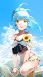 1girl alluring alternate_costume bare_shoulders bikini black_bikini blue_hair cleavage earrings fire_emblem fire_emblem_heroes highres intelligent_systems jewelry long_hair looking_at_viewer navel nintendo ponytail reginn_(fire_emblem) rotomdocs small_breasts smile solo swimsuit thighs yellow_eyes