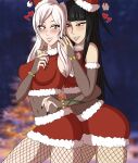 1girl 2_girls alternate_costume ass black_hair black_nails brown_eyes christmas christmas_outfit female_only fire_emblem fire_emblem_awakening fire_emblem_warriors fishnets glazinbuns grin hand_on_shoulder hat heavy_breathing intelligent_systems long_hair looking_at_another multiple_females multiple_girls nail_polish nintendo robin_(fire_emblem) robin_(fire_emblem)_(female) santa_hat smile tharja tharja_(fire_emblem) white_hair yuri