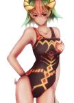 1girl 1girl adapted_costume alluring backlighting cleavage competition_swimsuit cowboy_shot dark-skinned_female dark_skin eyelashes female_focus fire_emblem fire_emblem_heroes green_hair half-closed_eyes hand_on_own_hip intelligent_systems laegjarn_(fire_emblem) multicolored_hair nintendo oka_(umanihiki) one-piece_bikini parted_bangs red_eyes short_hair silf simple_background swimsuit v-shaped_eyebrows white_background