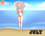 1girl alluring barefoot beach bikini bow cleavage cloud drill_hair fire_emblem fire_emblem_awakening hair_bow high_res intelligent_systems maribelle_(fire_emblem) medium_breasts navel nintendo ocean parasol pink_bikini reit sand sky swimsuit umbrella water