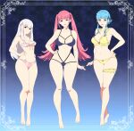 3_girls absurd_res alluring alternate_breast_size_(larger) alternate_costume artist_logo artist_name big_breasts bikini blue_background blue_bikini blue_hair blunt_bangs blush bow braid brown_eyes closed_mouth collarbone crown_braid eyelashes feet fire_emblem fire_emblem:_three_houses floral_background flower frilled_bikini frills front-tie_bikini_top front-tie_top gradient_background grey_hair hair_bow hair_ornament hand_on_own_hip hands_on_own_hips hat high_res hilda_valentine_goneril intelligent_systems legs lips logo long_hair looking_at_viewer lysithea_von_ordelia marianne_von_edmund medium_breasts micro_bikini multiple_girls navel nintendo patterned_clothing pink_bikini pink_bow pink_eyes pink_lips r3dfive short_hair_with_long_locks sidelocks smile swimsuit thigh_strap thighs tiptoes toenails toes twin_tails very_long_hair yellow_bikini