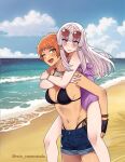 2_girls alluring alternate_costume beach bikini black_bikini breasts carrying cleavage couple female_focus fingerless_gloves fire_emblem fire_emblem:_three_houses fire_emblem_warriors:_three_hopes gloves intelligent_systems leonie_pinelli lysithea_von_ordelia matching_hair/eyes multiple_girls navel nintendo ocean official_alternate_hairstyle one-piece_bikini one_eye_closed orange_eyes orange_hair outside piggyback pink_eyes purple_one-piece_bikini rein_creamsoda short_hair shorts smile sunglasses swimsuit white_hair wink yuri