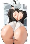 1girl bent_over big_breasts blindfold bubble_butt cleavage cromwellb doggy_position horny inviting_to_sex nier nier:_automata nier_(series) pose standing stockings teasing thick_thighs white_hair yorha_no._2_type_b