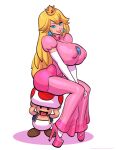 1boy 1girl ass big_ass big_breasts big_breasts big_breasts blonde_hair blue_eyes breasts casual clothed clothing crown dress earrings elbow_gloves erect_nipples female_focus fully_clothed high_heels hourglass_figure human_chair long_hair male mario_(series) nintendo nipple_bulge nipples nipples_visible_through_clothing no_bra pink_dress platform_heels princess_peach simple_background sitting sitting_on_head sitting_on_person tagme taller_female teasing theofficialpit tight_clothing toad_(mario) white_background wide_hips