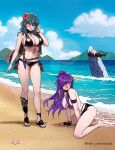 2_girls alluring bare_shoulders beach big_breasts bikini black_bikini black_cape black_choker black_gloves blue_eyes blue_sky blush breasts byleth_(fire_emblem) byleth_(fire_emblem)_(female) byleth_(summer)_(fire_emblem)_(female) cape choker cleavage cloud commentary covered_erect_nipples dagger embarrassed english_commentary fingerless_gloves fire_emblem fire_emblem:_three_houses fire_emblem_heroes flower gloves hair_bun hair_flower hair_ornament hair_over_one_eye hibiscus intelligent_systems knife long_hair multiple_girls navel nintendo ocean official_alternate_costume open_mouth outside purple_eyes purple_hair red_flower rein_creamsoda sand sheath sheathed shez_(fire_emblem) shez_(fire_emblem)_(female) shez_(summer)_(fire_emblem) sky starfish stomach swimsuit teal_hair wardrobe_malfunction water weapon white_flower