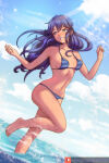 1girl 1girl alluring bare_legs beach bikini blue_eyes blue_hair blush cleavage fire_emblem fire_emblem_awakening fire_emblem_warriors hair_between_eyes high_res intelligent_systems kagato007 long_hair looking_at_viewer lucina lucina_(fire_emblem) navel nintendo ocean simple_background smile striped_bikini striped_clothes swimsuit tiara