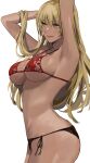 1girl 1girl alluring arms_behind_head arms_up bare_shoulders big_breasts bikini black_bikini blonde_hair brown_eyes butt_crack cleavage collarbone dark-skinned_female dark_skin female_focus fire_emblem fire_emblem:_the_binding_blade floral_print high_res igrene_(fire_emblem) intelligent_systems j@ck long_hair looking_to_the_side matching_hair/eyes mismatched_bikini mole mole_under_eye multicolored_bikini nintendo print_bikini red_bikini side-tie_bikini_bottom skindentation smile swimsuit thighs two-tone_bikini under_boob yellow_eyes