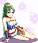 1girl alluring bare_shoulders big_breasts bikini blue_bikini blush choker cleavage cleavage_cutout clothing_cutout collarbone commentary_request earrings female_focus fire_emblem fire_emblem:_the_blazing_blade fire_emblem_heroes fire_emblem_warriors floral_background flower green_eyes green_hair hair_flower hair_ornament high_res intelligent_systems jewelry light_blush light_smile long_hair looking_at_viewer lyn lyn_(fire_emblem) lyn_(lady_of_the_beach)_(fire_emblem) lyndis_(fire_emblem) nintendo official_alternate_costume ponytail side-tie_bikini_bottom sitting strapless strapless_bikini sukkirito_(rangusan) swept_bangs swimsuit very_long_hair wristband yokozuwari