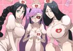 3_girls batsu'unsai_katori big_breasts black_hair bleach blush breast_envy eyepatch furofushi_saito nurse nurse_cap pixiv_id_8279502 purple_hair retsu_unohana single_braid unohana_retsu