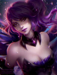 1girl arm_at_side bare_shoulders big_breasts black_choker black_dress black_wings breasts choker cleavage closed_mouth dark_elementalist_lux dark_persona dress elementalist_lux female_only female_solo floating_hair half-closed_eyes head_tilt jewelry league_of_legends lips lipstick long_hair loputon loputon_(artist) lux_(league_of_legends) magical_girl makeup medium_breasts naughty_face neck purple_eyes purple_hair purple_lipstick riot_games side_ponytail smile strapless strapless_dress tied_hair upper_body wings