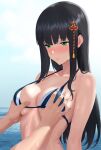 1boy 1girl armpit_crease atlus bikini black_bikini black_hair blue_sky blush breasts closed_mouth collarbone commentary day embarrassed english_commentary eyelashes green_eyes groping hair_ornament hifumi_togo high_res long_hair male medium_breasts mikan_zakuro ocean out_of_frame outside persona persona_5 shadow sidelocks sky straight striped_bikini striped_clothes swimsuit tassel tassel_hair_ornament tougou_hifumi upper_body very_long_hair white_bikini