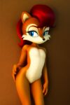 1girl 1girl ai-generated ai_generated anthro blue_eyes brown_background brown_fur completely_nude cub female_focus furry furry_female nude red_hair sally_acorn sega sega simple_background small_breasts sonic sonic_the_hedgehog_(series) teenage_girl younger_female