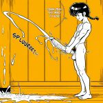 admiring_self ai_generated cumshot erection excessive_cum fit_male huge_penis masturbation nude ranma_saotome smile solo_male speech_bubble teen