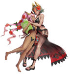 2_girls alluring bare_arms bare_legs bare_shoulders barefoot big_breasts bikini black_bikini black_footwear black_one-piece_bikini cleavage commentary_request dark-skinned_female dark_skin earrings feet fire_emblem fire_emblem_heroes flower full_body gonzarez gradient_hair green_hair hair_between_eyes hair_flower hair_ornament halterneck hand_on_another's_head height_difference high_res intelligent_systems jewelry kickboard laegjarn_(fire_emblem) laegjarn_(summer)_(fire_emblem) laevatein_(fire_emblem) laevatein_(summer)_(fire_emblem) laevateinn_(fire_emblem) leaning_on_person long_hair looking_at_another multicolored_hair multiple_girls navel nintendo one-piece_bikini one_eye_closed open_mouth orange_hair pink_hair plant red_eyes red_flower sandals sarong see-through_clothes short_hair siblings side-tie_bikini_bottom silf silfs simple_background sisters standing standing_on_one_leg swimsuit thigh_strap toes twin_tails very_long_hair vines white_background