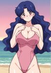 1girl accurate_art_style adult_swim alluring beach big_breasts bikini bishoujo_senshi_sailor_moon bishoujo_senshi_sailor_moon_r bishoujo_senshi_sailor_moon_r_the_movie bishoujo_senshi_sailor_moon_s bishoujo_senshi_sailor_moon_s_the_movie bishoujo_senshi_sailor_moon_supers bishoujo_senshi_sailor_moon_supers_the_movie blue_hair brown_eyes cleavage ikuko_tsukino milf nightcore_(artist) ocean one-piece_bikini pin_up solo toei_animation toonami viz_media