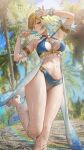 1girl 1girl absurd_res alluring armlet bikini blonde_and_teal_hair blue_bikini blue_eyes blue_sky cleavage cloud commission earrings fire_emblem fire_emblem_heroes fjorm_(fire_emblem) fjorm_(summer)_(fire_emblem) food food_in_mouth gradient_hair high_res holding holding_food holding_popsicle intelligent_systems jewelry looking_at_viewer medium_breasts multicolored_hair nanaken_nana navel nintendo official_alternate_costume outside popsicle popsicle_in_mouth second-party_source short_hair skeb_commission sky standing standing_on_one_leg sunlight swimsuit two-tone_hair