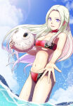 1girl 1girl alluring ball bandeau bikini blonde_hair blush edelgard_von_hresvelg feh_(fire_emblem_heroes) female_focus fire_emblem fire_emblem:_three_houses fire_emblem_heroes intelligent_systems long_hair looking_at_viewer nintendo simple_background sukkirito_(rangusan) swimsuit water