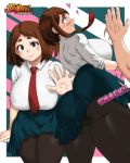 1girl ass bakugou_katsuki big_ass blush boku_no_hero_academia brown_hair embarrassed huge_ass jay-marvel katsuki_bakugo looking_at_viewer my_hero_academia ochako_uraraka pantyhose school_uniform short_hair spank spanked spanking surprised uraraka_ochako