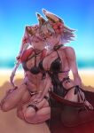 2_girls abs absurd_res alluring athletic_female beach big_breasts bikini black_one-piece_bikini blue_sky cleavage collarbone commentary_request criss-cross_halter dark-skinned_female dark_skin day fake_horns female_abs female_focus fire_emblem fire_emblem_heroes fit_female flower fukadumeasadume gradient_hair green_hair hair_between_eyes hair_flower hair_ornament halterneck high_res holding_hands horned_headwear horns intelligent_systems kneel laegjarn_(fire_emblem) laegjarn_(summer)_(fire_emblem) laevatein_(fire_emblem) laevatein_(summer)_(fire_emblem) laevateinn_(fire_emblem) long_hair multicolored_hair multiple_girls navel nintendo ocean one-piece_bikini orange_hair pink_hair red_eyes red_flower short_hair siblings sisters sitting sky smile swimsuit thigh_strap twin_tails