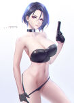 1girl alluring artist_name aztodio big_breasts black_choker black_gloves blaster_(weapon) choker cleavage collarbone cowboy_shot fire_emblem fire_emblem:_three_houses gloves groin high_res holding holding_blaster holding_weapon intelligent_systems lips looking_at_viewer navel nintendo parted_lips patreon_username purple_eyes purple_hair shamir_nevrand short_hair simple_background standing stomach thighs weapon white_background