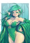 1girl adult armpits bare_shoulders big_breasts breasts bridal_gauntlets cleavage collarbone curvy detached_sleeves earrings final_fantasy final_fantasy_iv green green_eyes green_hair hips jewelry large_breasts leotard long_hair magic mahito nail_polish older pointing pointing_up rydia solo thighs wide_hips wide_sleeves