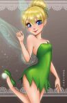 1girl arm_at_side bare_arms bare_legs bare_shoulders blonde_female blonde_hair blue_eyes blush breasts disney disney_fairies dress fairy fairy_wings female_only female_solo footwear green_dress green_footwear green_shoes grey_background hair_bun hand_up legs lips lipstick looking_at_viewer makeup mari945 mari945_(artist) neck peter_pan peter_pan_(1953_film) pointy_ears red_lipstick short_dress short_hair shows small_breasts smile sparkle standing standing_on_one_leg strapless strapless_dress tied_hair tinker_bell tinker_bell_(series) wings