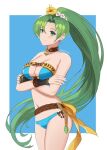 1girl 1girl 1girls alluring alternate_costume bare_shoulders big_breasts bikini blue_background blue_bikini blue_swimsuit cleavage collar crossed_arms fire_emblem fire_emblem:_the_blazing_blade fire_emblem_heroes fire_emblem_warriors green_eyes green_hair intelligent_systems long_hair looking_at_viewer lyn lyn_(fire_emblem) lyndis_(fire_emblem) nintendo official_alternate_costume ponytail smile spiffydc swimsuit very_long_hair