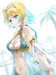 1girl 1girl alluring bikini blonde_hair blue_bikini blue_eyes blue_hair character_doll clear_glass_(mildmild1311) closed_mouth commentary_request doll earrings feh_(fire_emblem_heroes) fire_emblem fire_emblem_heroes fjorm_(fire_emblem) fjorm_(summer)_(fire_emblem) flower gradient_hair hair_flower hair_ornament high_res intelligent_systems jewelry looking_at_viewer medium_breasts multicolored_hair navel nintendo official_alternate_costume short_hair signature smile stomach swimsuit two-tone_hair white_flower