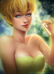 1girl arm_at_side bare_arms bare_shoulders blonde_female blonde_hair blue_eyes blurry blurry_background breasts cleavage closed_smile collarbone disney disney_fairies dress fairy fairy_wings female_only female_solo green_dress hair_bun hand_up holding holding_object light_particles lips looking_at_viewer loputon loputon_(artist) magic makeup medium_breasts naughty_face neck peter_pan peter_pan_(1953_film) pointy_ears red_lipstick short_hair smile strapless strapless_dress tied_up tinker_bell tinker_bell_(series) upper_body wings