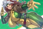 1girl 1girl abs animification bodysuit brown_hair colored_bangs covered_nipples curvy flying green_bodysuit green_eyes green_headband huge_breasts leather leather_jacket lips looking_at_viewer marvel marvel_rivals muscular_female mvp navel neolurker parted_bangs puffy_nipples reaching_towards_viewer rogue_(x-men) salute skin_tight smile superhero_costume thick_thighs toned two-tone_bodysuit two-tone_hair user_interface wavy_hair white_hair white_outline wide_hips x-men x_(symbol) yellow_bodysuit yellow_boots yellow_gloves