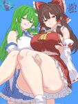 2_girls artist_name ass bare_shoulders big_breasts blue_background breasts brown_hair carrying carrying_partner drawlab33t green_hair hakurei_reimu kochiya_sanae licking licking_lips long_hair looking_at_viewer red_eyes red_skirt reimu_hakurei sanae_kochiya simple_background skirt thick_thighs thighs tongue tongue_out touhou yuri
