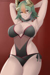1girl 1girl 1girl alternate_costume arms_above_head arms_behind_head aslind_samure aslindsamure bangs big_breasts black_swimsuit breasts choker cleavage collarbone female_only fire_emblem fire_emblem_heroes green_hair horned_headwear intelligent_systems laegjarn_(fire_emblem) legs_together looking_at_viewer multicolored_hair nintendo one-piece_bikini orange_highlights pose red_eyes see-through see-through_clothing see-through_swimsuit short_hair silf smile smiling_at_viewer standing straps swimsuit thick_thighs thighs watermark
