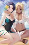 2_girls abs alluring athletic_female beach bikini black_hair black_one-piece_bikini blonde_hair blue_eyes bracelet catherine_(fire_emblem) catherine_(summer)_(fire_emblem) cloud crossed_legs dark-skinned_female dark_skin doiparuni female_abs fire_emblem fire_emblem:_three_houses fire_emblem_heroes fit_female flower hair_flower hair_ornament halterneck high_res intelligent_systems jewelry looking_at_viewer medium_breasts multiple_girls necklace nintendo official_alternate_costume one-piece_bikini one_eye_closed open_mouth ponytail shamir_nevrand shamir_nevrand_(summer) short_hair sitting smile swimsuit teeth thigh_strap white_bikini