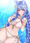 1girl 1girl alluring artist_name big_breasts bikini blue_hair blunt_bangs braid cleavage closed_mouth e_m_a fire_emblem fire_emblem_heroes flower hair_flower hair_ornament heidrun_(fire_emblem) heidrun_(summer)_(fire_emblem) high_res intelligent_systems light_smile long_hair looking_at_viewer navel nintendo official_alternate_costume swimsuit very_long_hair white_bikini