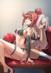 2_girls a_(xenoblade) absurd_res alluring big_breasts blue_eyes bra chest_jewel core_crystal_(xenoblade) deekei earrings glimmer_(xenoblade) hair_between_eyes high_ponytail high_res jewelry long_hair looking_at_viewer messy_hair multiple_girls panties ponytail red_hair single_earring small_breasts smile stockings swept_bangs underwear very_long_hair xenoblade_(series) xenoblade_chronicles_3 xenoblade_chronicles_3:_future_redeemed