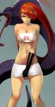 arbok black_gloves blue_eyes breasts cleavage gloves hair_over_one_eye humans_of_pokemon jessie_(pokemon) long_hair midriff miniskirt mound_of_venus musashi_(pokemon) naughty_face navel pokemon red_hair skirt smile team_rocket tongue tubetop zerosabort