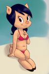 anthro anthro_pig artist_request bikini black_hair chubby chubby_female hair_between_eyes hooves looking_at_viewer looney_tunes low_twintails medium_breasts petunia_pig pig_ears pig_girl pig_nose pig_tail puszn red_bikini sitting twin_tails warner_brothers