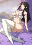 1girl 1girl alluring astrid_(fire_emblem) bed black_hair bra fire_emblem fire_emblem:_path_of_radiance fire_emblem:_radiant_dawn gloves heart heart-shaped_pupils high_res intelligent_systems kinkymation lingerie long_hair looking_at_viewer nintendo on_bed orange_eyes panties small_breasts stockings symbol-shaped_pupils thighs underwear white_panties
