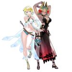 1girl 2_girls alluring armpits belt big_breasts bikini black_one-piece_bikini blonde_hair blue_eyes bracelet cleavage collarbone criss-cross_halter dark-skinned_female dark_skin earrings feather_trim feh_(fire_emblem_heroes) female_focus fire_emblem fire_emblem_heroes fjorm_(fire_emblem) fjorm_(summer)_(fire_emblem) flower full_body gradient_eyes gradient_hair green_hair hair_flower hair_ornament hairband halterneck hibiscus high_heels high_res holding intelligent_systems jewelry laegjarn_(fire_emblem) leg_lift looking_at_viewer maeshima_shigeki medium_breasts multicolored_eyes multicolored_hair multiple_girls navel nintendo non-web_source official_alternate_costume one-piece_bikini orange_hair parted_lips red_eyes seashell shell short_hair sideboob standing starfish stomach swimsuit sword thigh_strap thighs toeless_footwear toes transparent_background weapon
