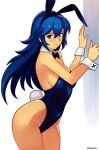1girl alluring alternate_costume animal_ears bare_shoulders blue_bow blue_eyes blue_hair blue_leotard bow bow_choker brand_of_the_exalt breasts choker closed_mouth commentary english_commentary fake_animal_ears fake_tail fire_emblem fire_emblem_awakening fire_emblem_warriors from_side hair_between_eyes hand_on_wall high_res intelligent_systems leotard long_hair looking_at_viewer lucina lucina_(fire_emblem) medium_breasts nintendo playboy_bunny rabbit_ears rabbit_tail sideboob smgold smile strapless strapless_leotard symbol_in_eye tail thong_leotard wrist_cuffs