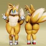 1boy 2_tails 3d 3d_(artwork) aged_up anthro ass balls big_penis canid canine casual digital_media_(artwork) exposed_torso femboy footwear fox genitals gesture gloves hand_gesture handwear high_res looking_at_viewer looking_back male mammal miles_"tails"_prower multi_tail nude penis sega shoes solo sonic_the_hedgehog_(series) standing tail tails vulkyasha
