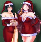 1girl 2_girls absurd_res alluring alternate_costume bare_shoulders big_breasts blowing_kiss blush braid braided_ponytail christmas cleavage dress earrings female_only fire_emblem fire_emblem_heroes fur-trimmed_dress fur-trimmed_gloves fur-trimmed_headwear fur_collar fur_trim gift glitter gloves griff hair_ornament hand_on_own_hip hat heart high_res holding intelligent_systems jewelry lips loki_(fire_emblem) long_hair looking_at_viewer multiple_females multiple_girls necklace nintendo plunging_neckline purple_eyes purple_hair red_dress renaisblade santa_dress santa_gloves santa_hat shadow short_dress side_slit simple_background single_braid strapless strapless_dress teal_hair thighs thorr_(fire_emblem) yellow_eyes