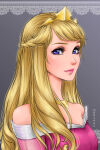 1girl bare_shoulders blonde_hair braid breasts closed_mouth crown disney_princess dress female_only female_solo gold_crown gold_jewelry gold_necklace grey_background jewelry lips lipstick long_hair looking_at_viewer makeup mari945 mari945_(artist) medium_breasts neck necklace off-shoulder_dress off_shoulder pink_dress pink_lipstick princess princess_aurora sleeping_beauty sleeping_beauty_(1959_film) smile straight_hair upper_body